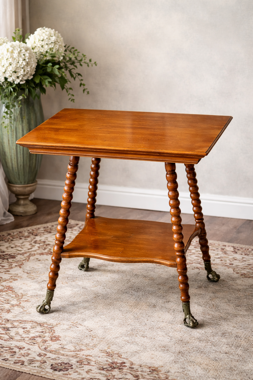 Antique Barley Twist Side Table with Brass Casters – Solid Wood English Style Accent Table