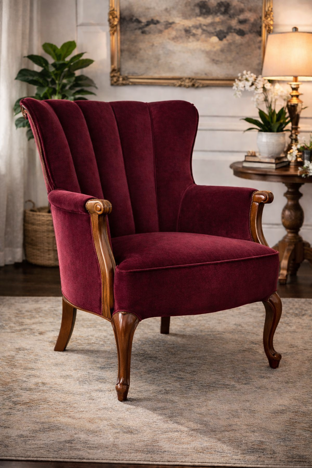 Vintage Burgundy Velvet Wingback Chair – Elegant Carved Wood Accent Chair