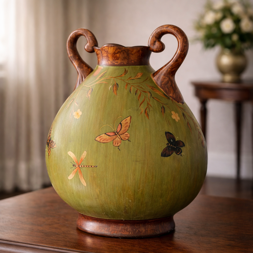 Hand-Painted Butterfly & Botanical Amphora Vase