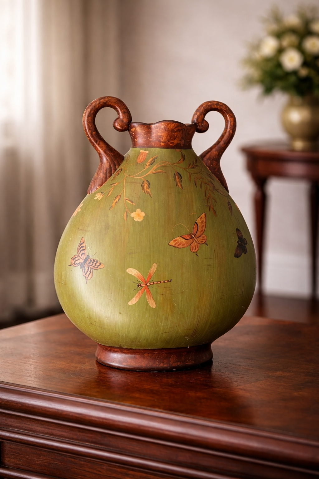 Hand-Painted Butterfly & Botanical Amphora Vase