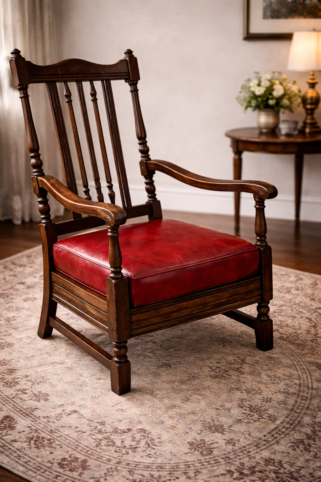 Antique Solid Wood Armchair with Red Leather Seat – Classic English Accent Chair
