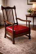Antique Solid Wood Armchair with Red Leather Seat – Classic English Accent Chair
