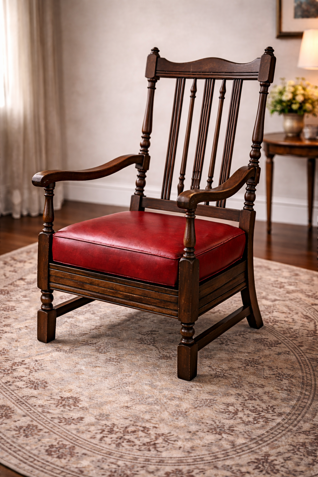 Antique Solid Wood Armchair with Red Leather Seat – Classic English Accent Chair
