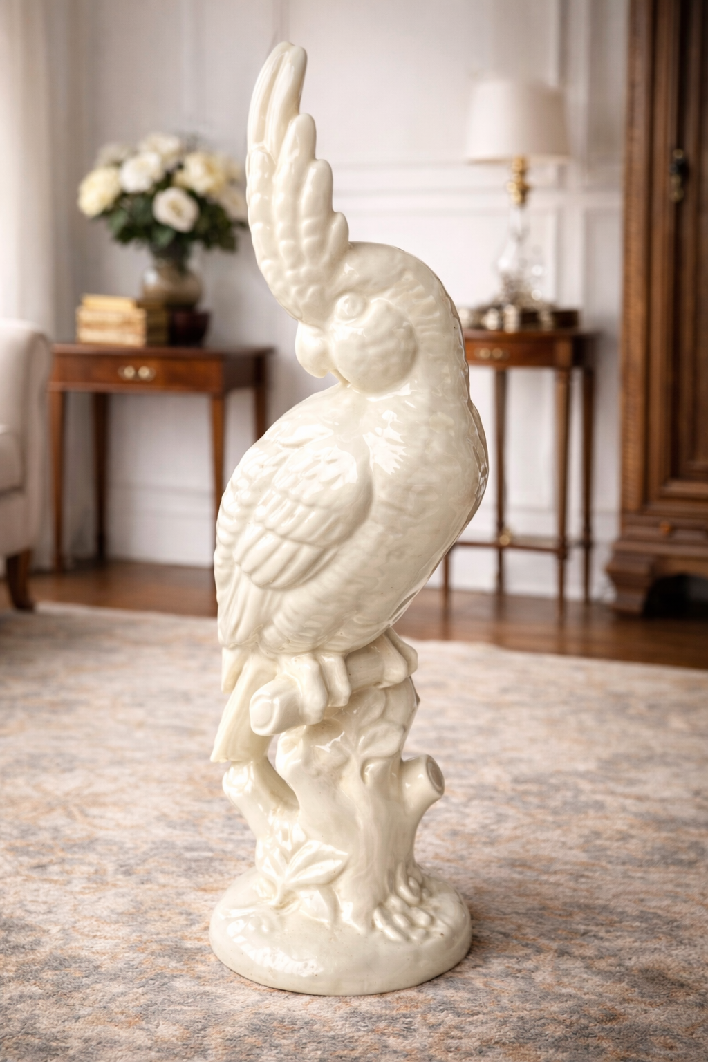 Vintage Ivory Glazed Ceramic Cockatoo Statue – Mid-Century Decorative Accent