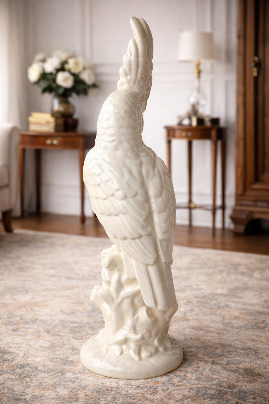 Vintage Ivory Glazed Ceramic Cockatoo Statue – Mid-Century Decorative Accent