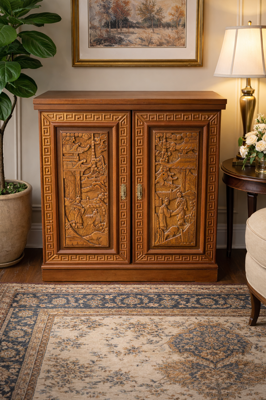 Vintage Hand-Carved Solid Wood Bar Cabinet with Hidden Storage & Fold-Out Serving Leaves