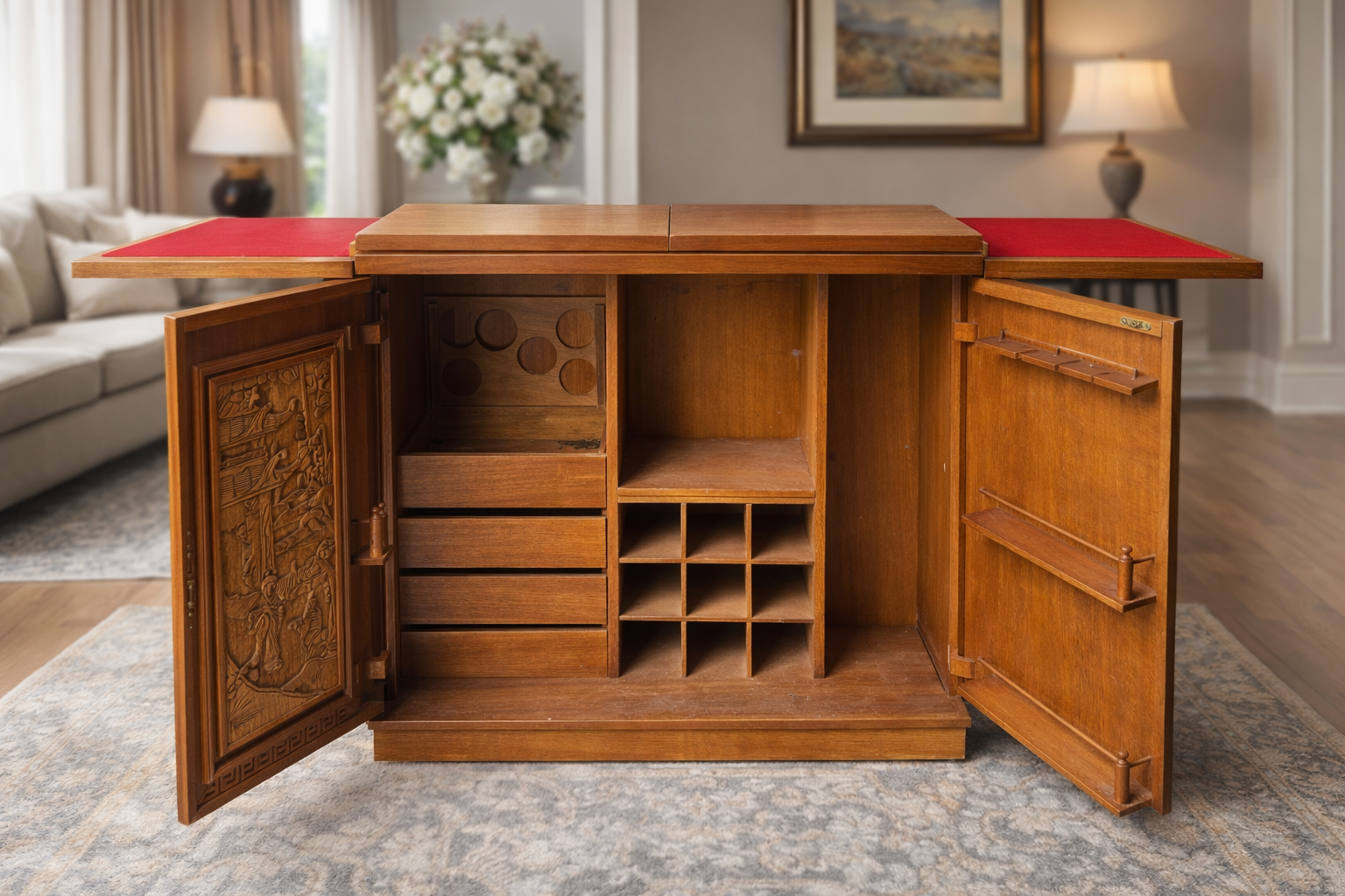 Vintage Hand-Carved Solid Wood Bar Cabinet with Hidden Storage & Fold-Out Serving Leaves
