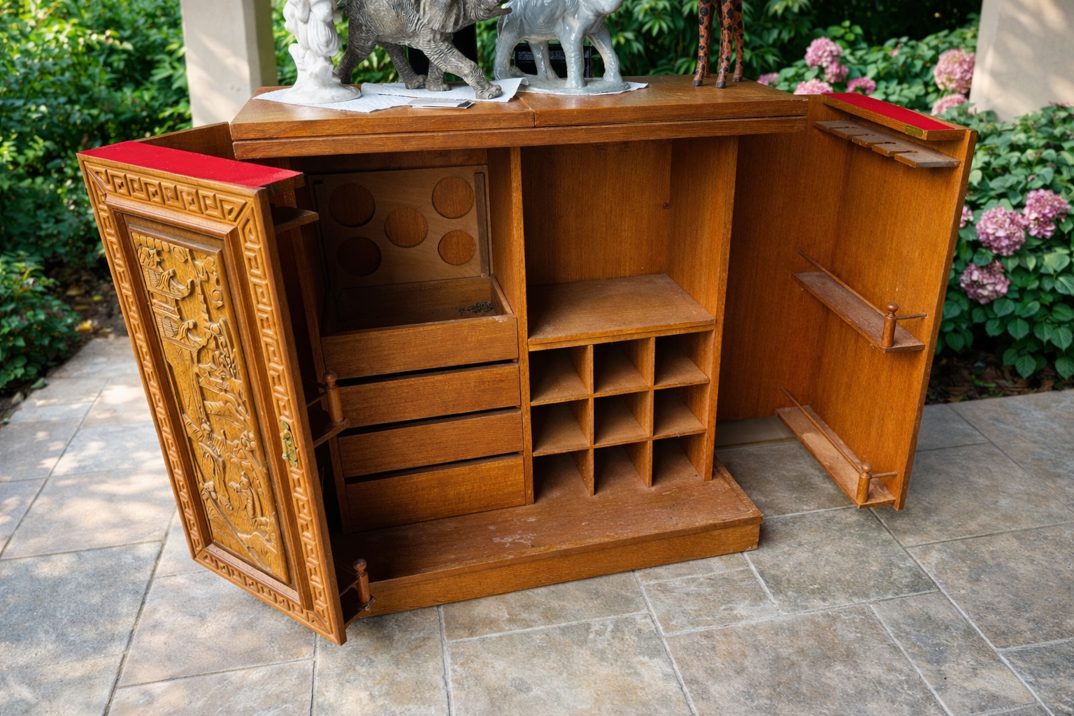 Vintage Hand-Carved Solid Wood Bar Cabinet with Hidden Storage & Fold-Out Serving Leaves