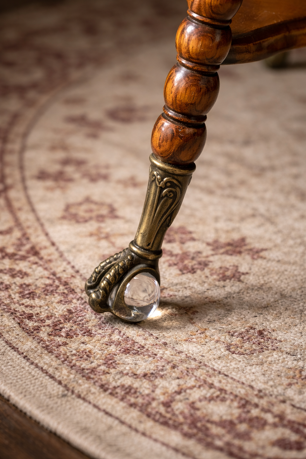 Antique Barley Twist Side Table with Brass Casters – Solid Wood English Style Accent Table