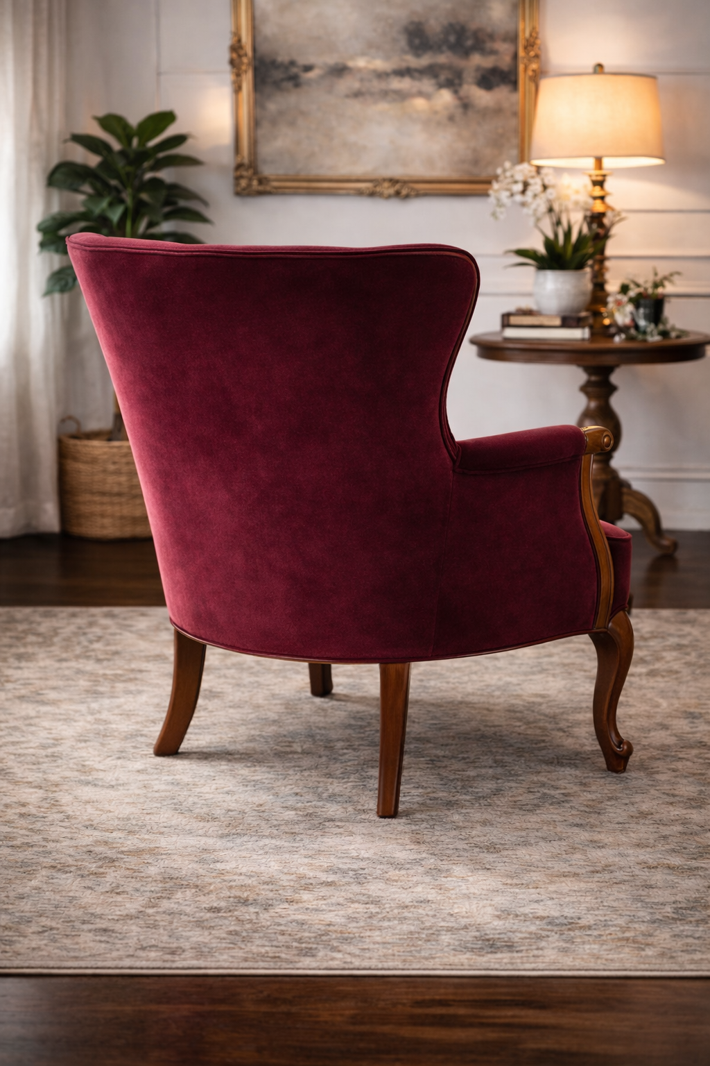 Vintage Burgundy Velvet Wingback Chair – Elegant Carved Wood Accent Chair