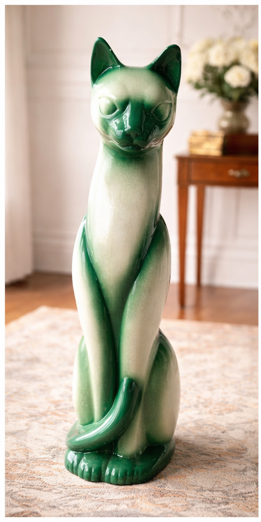 Emerald Ombre Ceramic Cat Statue – Hollywood Regency Style Statement Piece