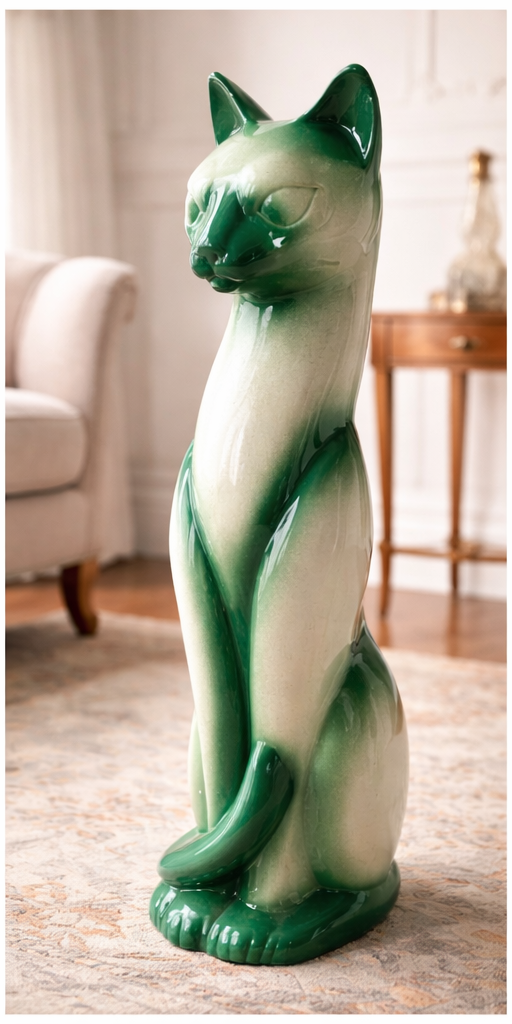 Emerald Ombre Ceramic Cat Statue – Hollywood Regency Style Statement Piece