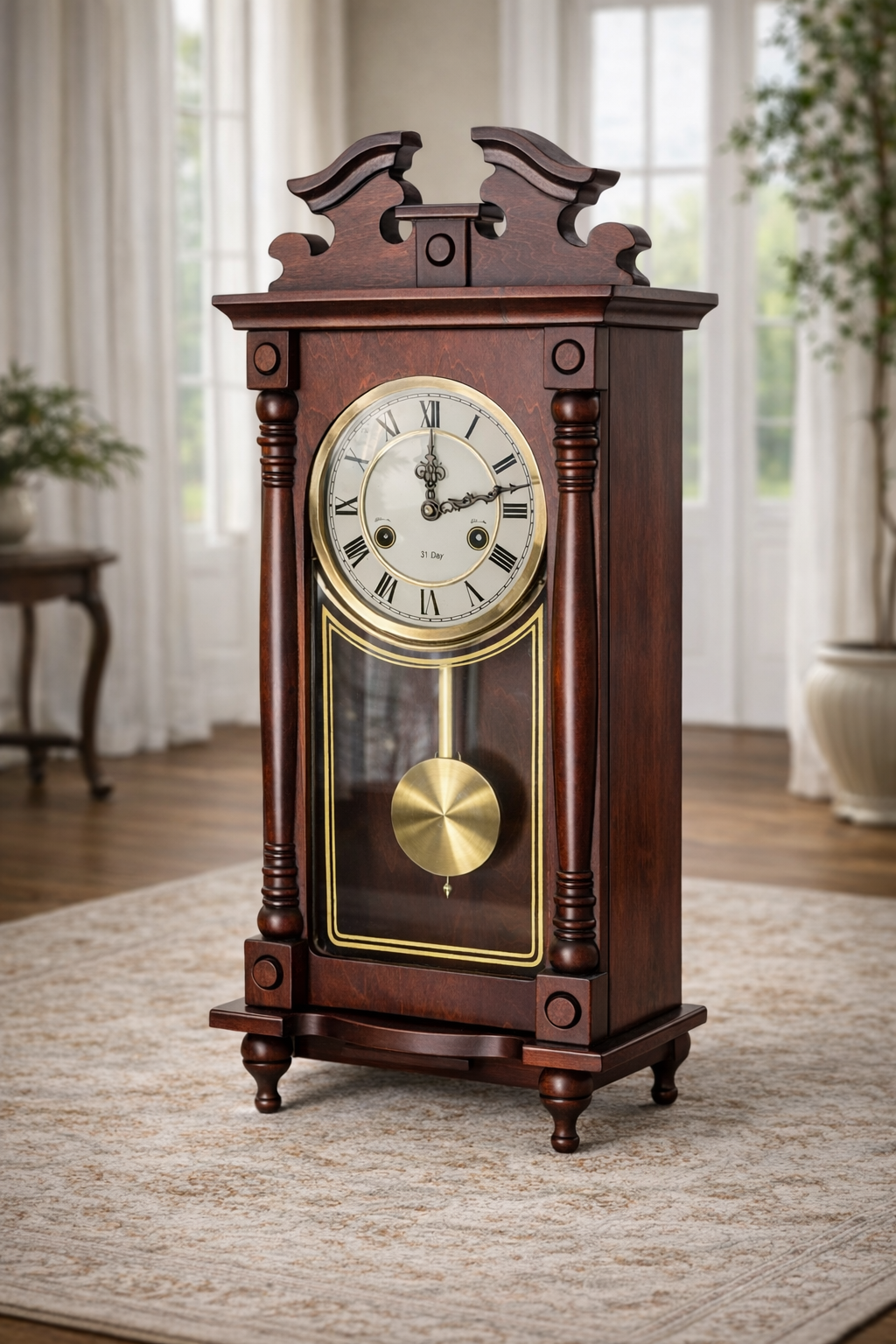 Antique Mahogany Pendulum Mantel Clock – 31-Day Key Wind with Brass Pendulum