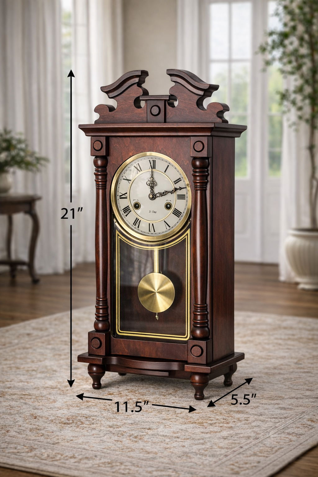 Antique Mahogany Pendulum Mantel Clock – 31-Day Key Wind with Brass Pendulum