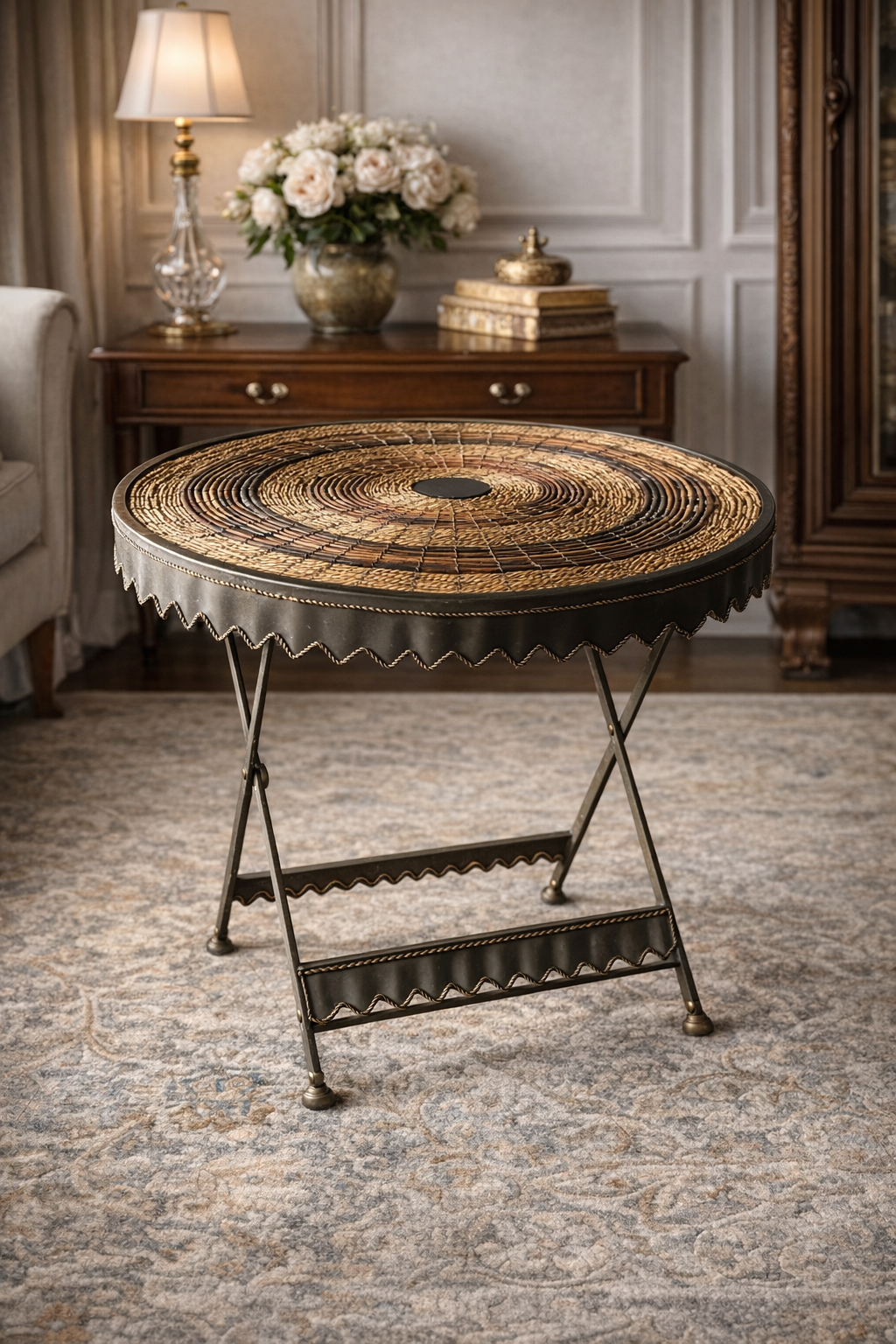 Vintage Woven Rattan & Scalloped Metal Folding Accent Table – European Bistro Style