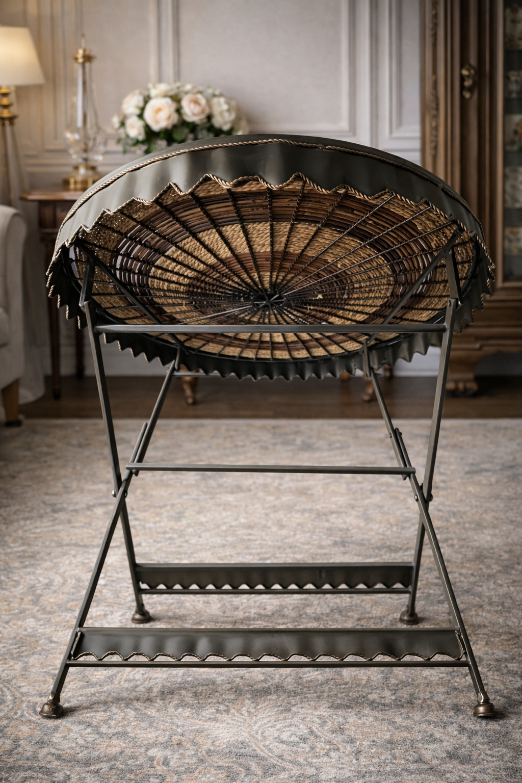 Vintage Woven Rattan & Scalloped Metal Folding Accent Table – European Bistro Style