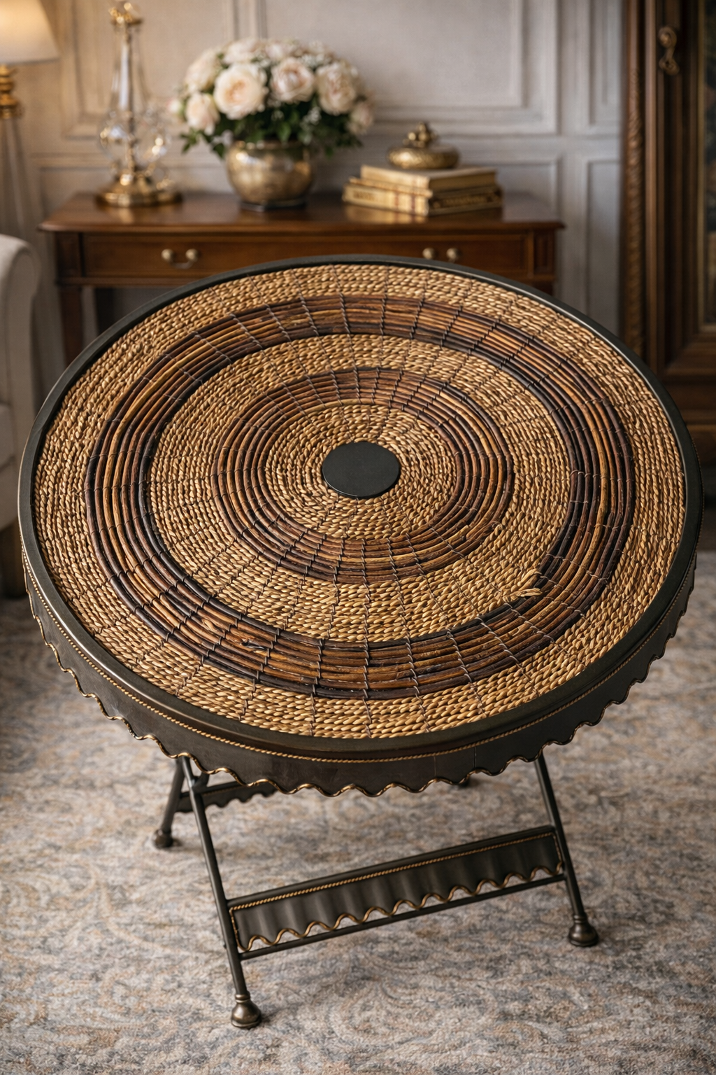 Vintage Woven Rattan & Scalloped Metal Folding Accent Table – European Bistro Style
